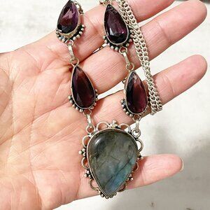 Handmade Labradorite Amethysts 925 Sterling Silver Filigree Station Necklace 18"